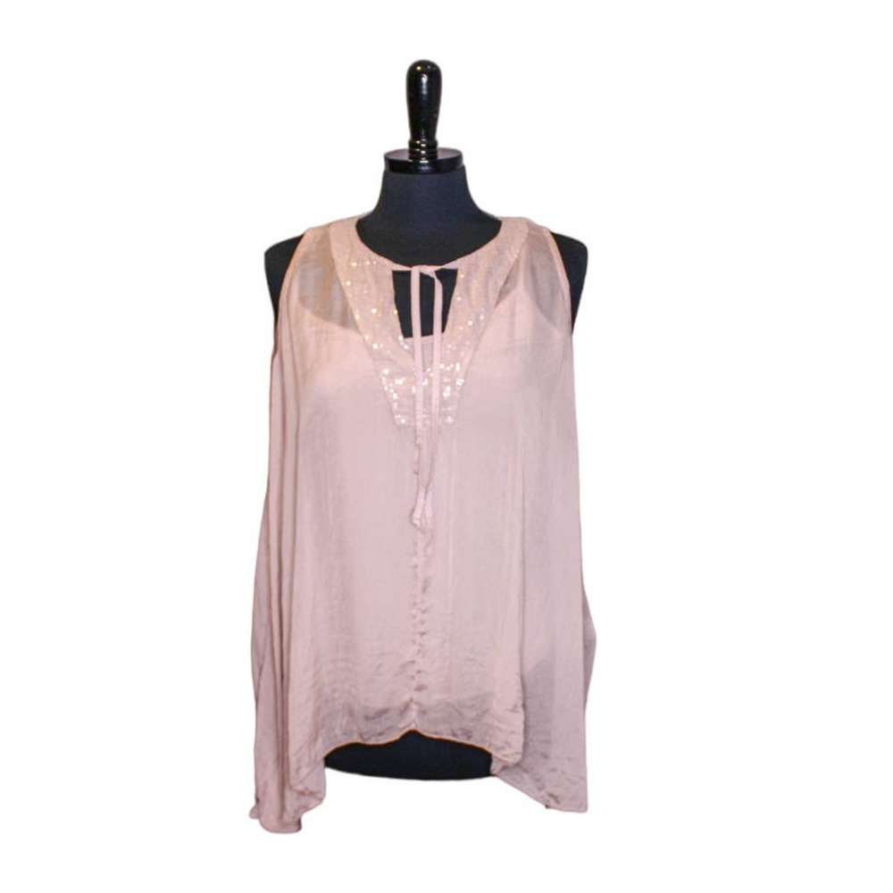 Giulia Sleeveless Silk Blouse Layered Sequins Sheer Pink Size L